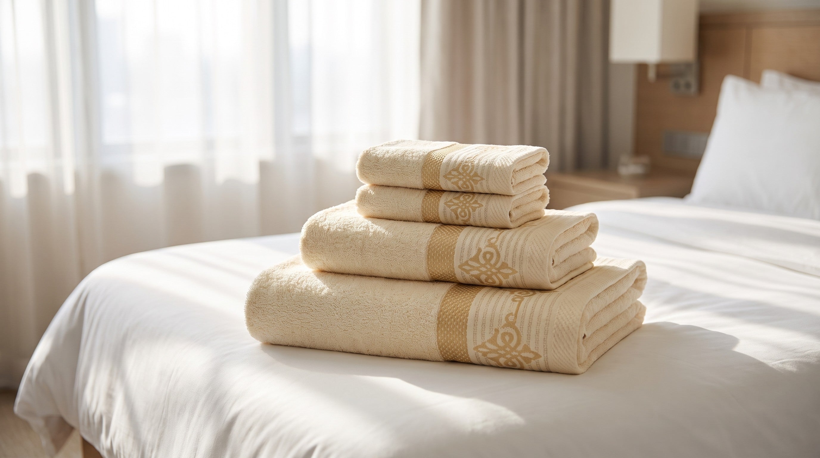 Linoa Travel Raha towel set — Off-white — hotel bed