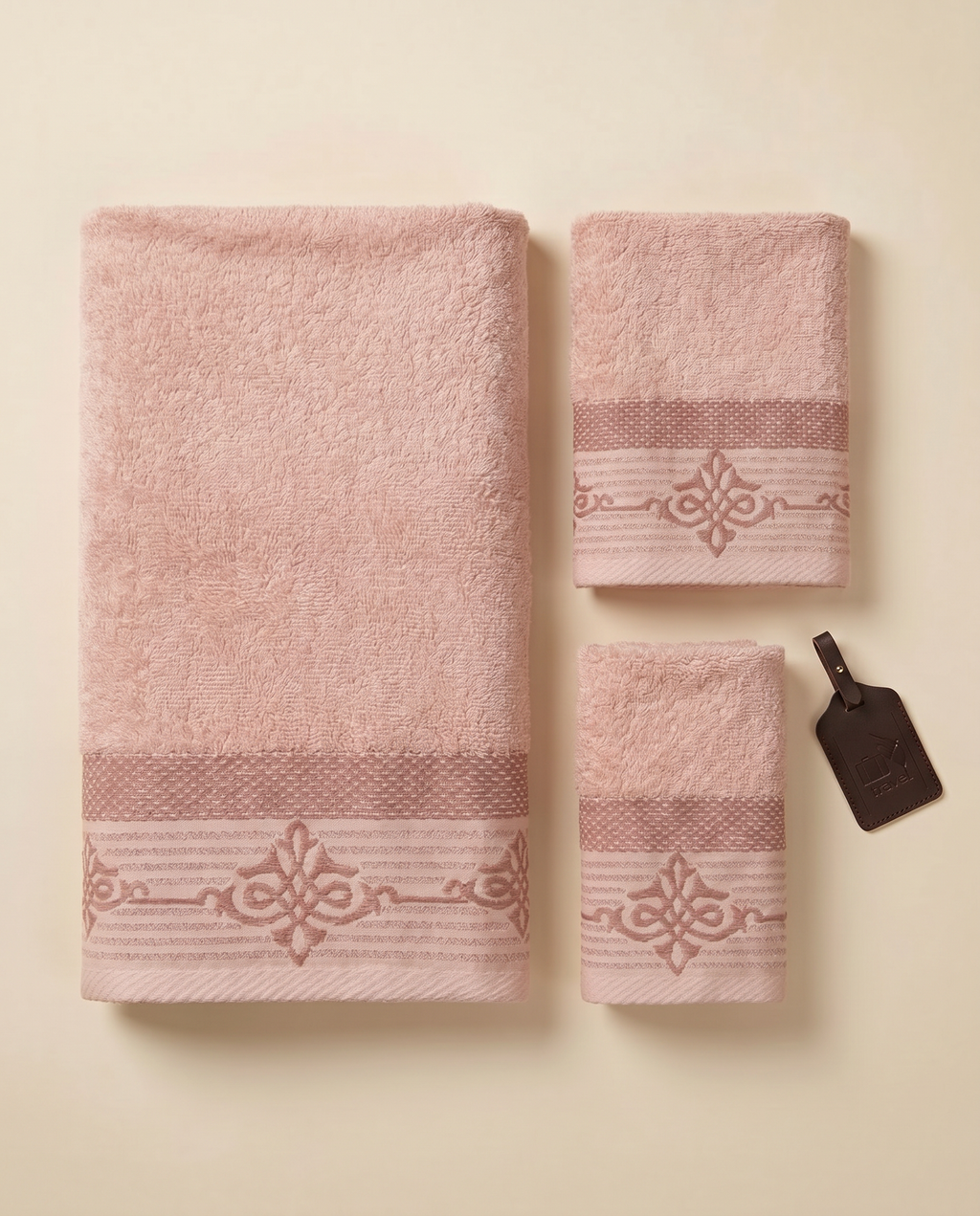 Linoa Travel Raha towel set, Blush Pink colourway, flatlay shot