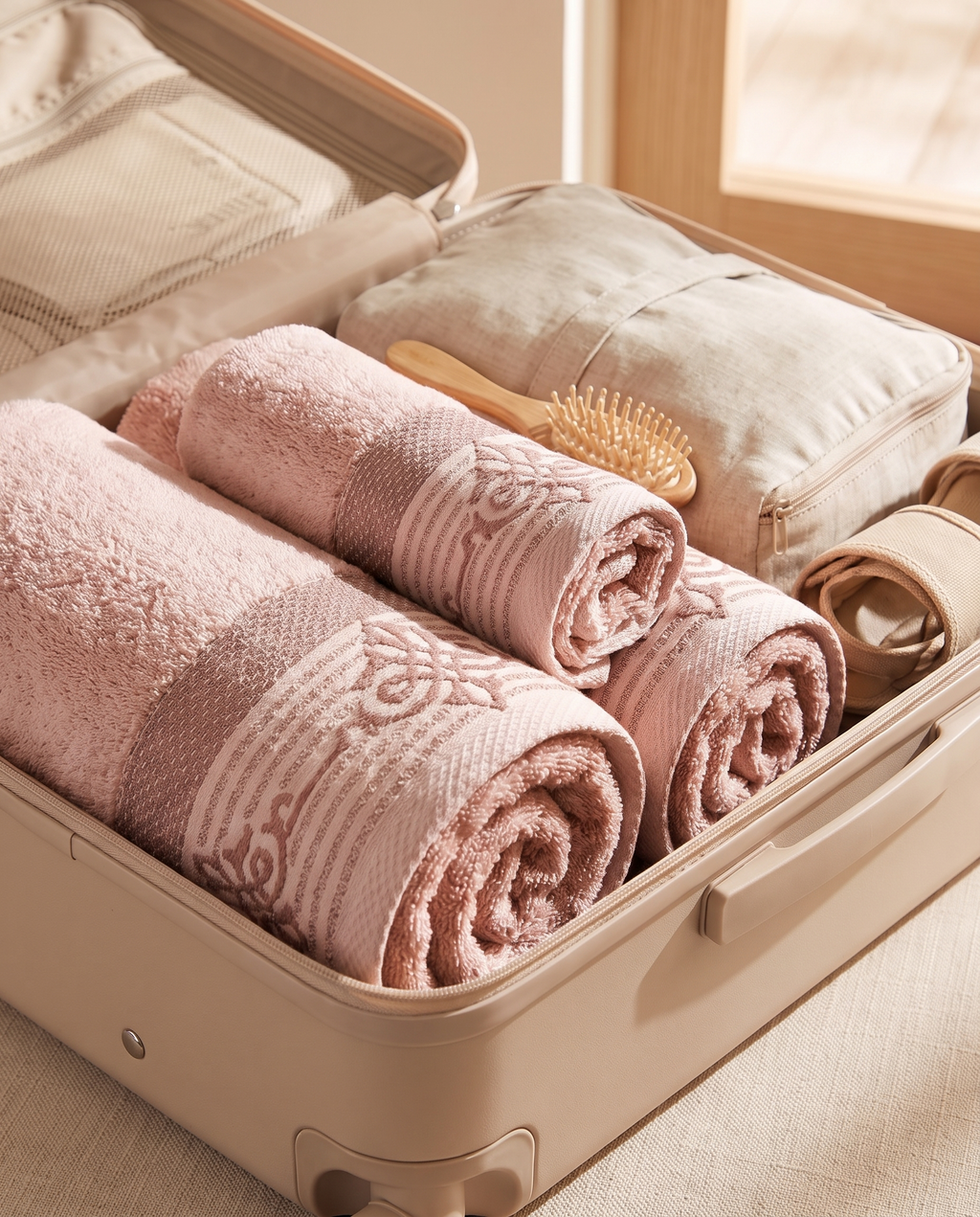 Linoa Travel Raha towel set, Blush Pink colourway, scene shot