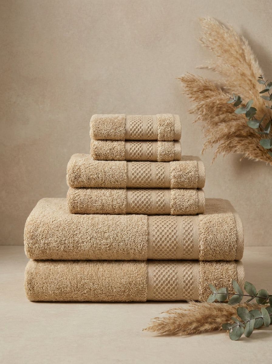 Linoa Everyday Set · Naeem 550 in Sand, 6-piece folded stack
