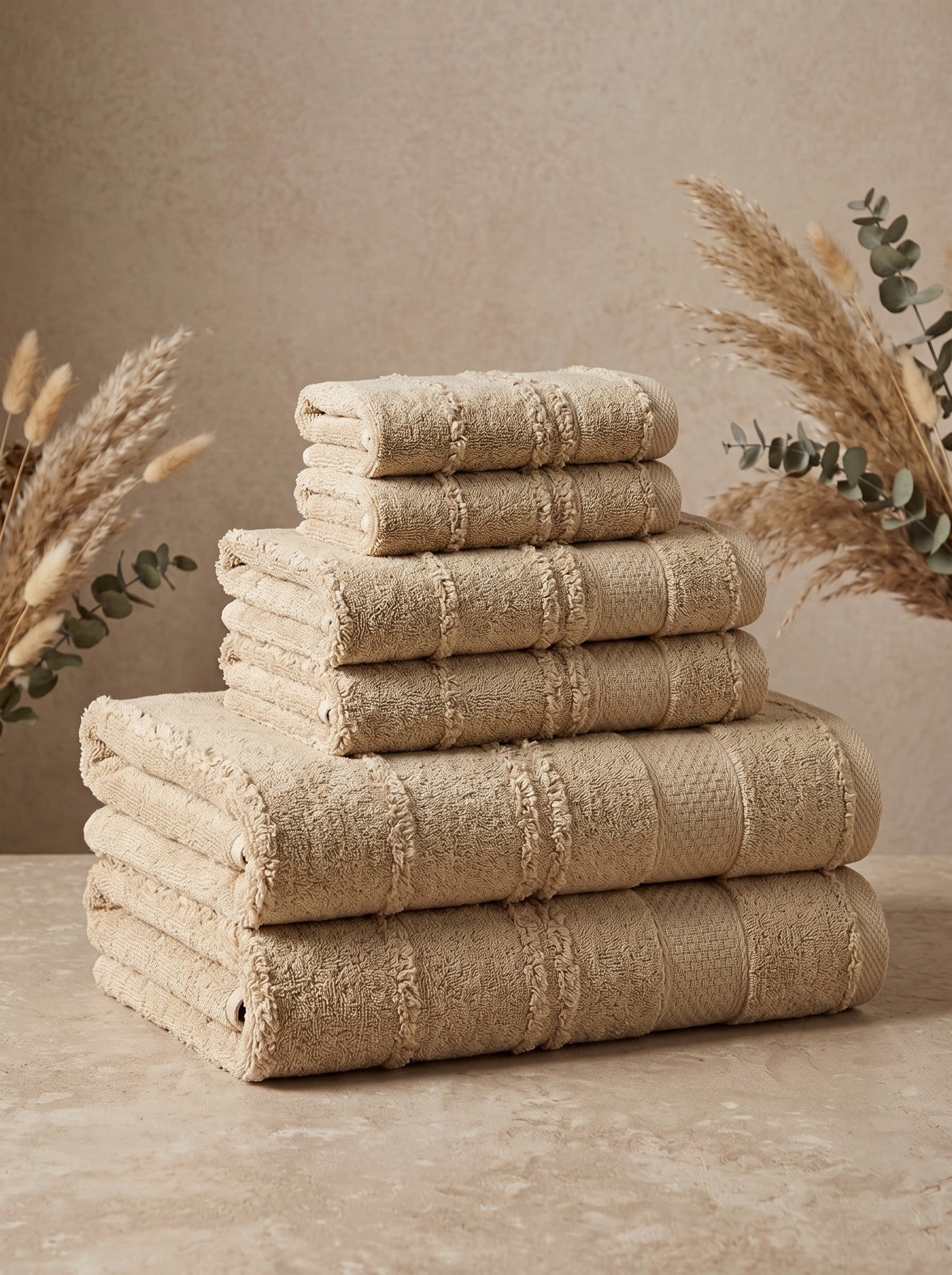 Linoa Signature Naem+ towel set in sand, folded stack, tufted stripe weave