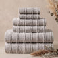 Linoa Signature Naem+ towel set in grey, folded stack, tufted stripe weave