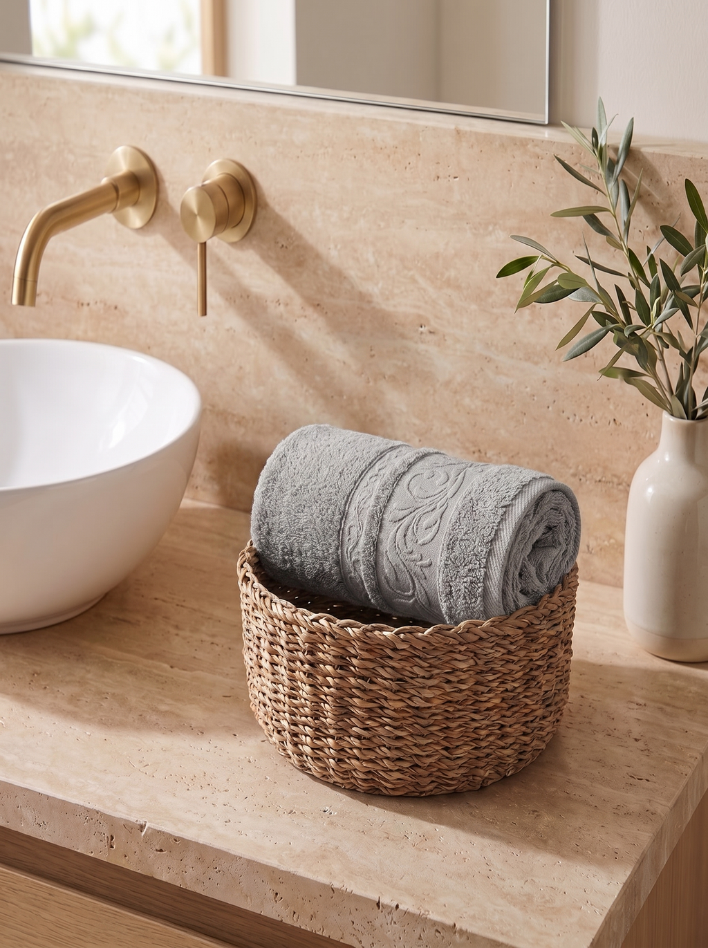 Linoa 550 Reesha Feather in grey 100% cotton towel, face towel folded in a woven basket